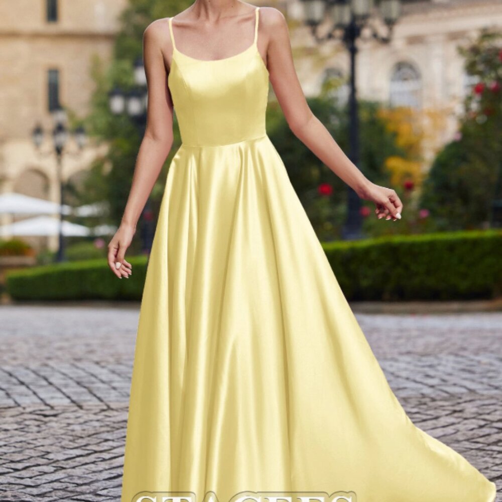 A-line Square Neckline Sleeveless Floor-Length Satin Prom Dress w Pockets Split - Picture 2 of 6